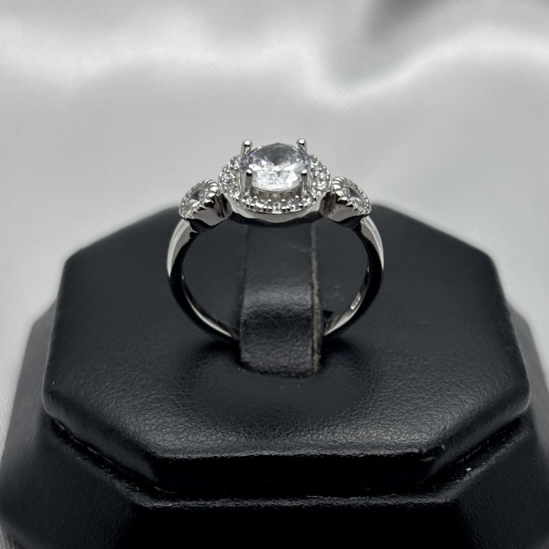 #AD224 - Anillo Solitario Triple Piedra Zirconia Circular Baño Rodio Plata - IP2.8