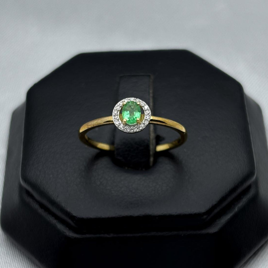 #ADX14108 - Anillo Solitario Con Diamante Natural Y Esmeralda Oro 14K - TX295