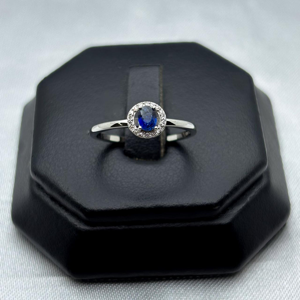 #ADX14109 - Anillo Solitario Con Diamante Natural Y Zafiro Oro Blanco 14K - TX295