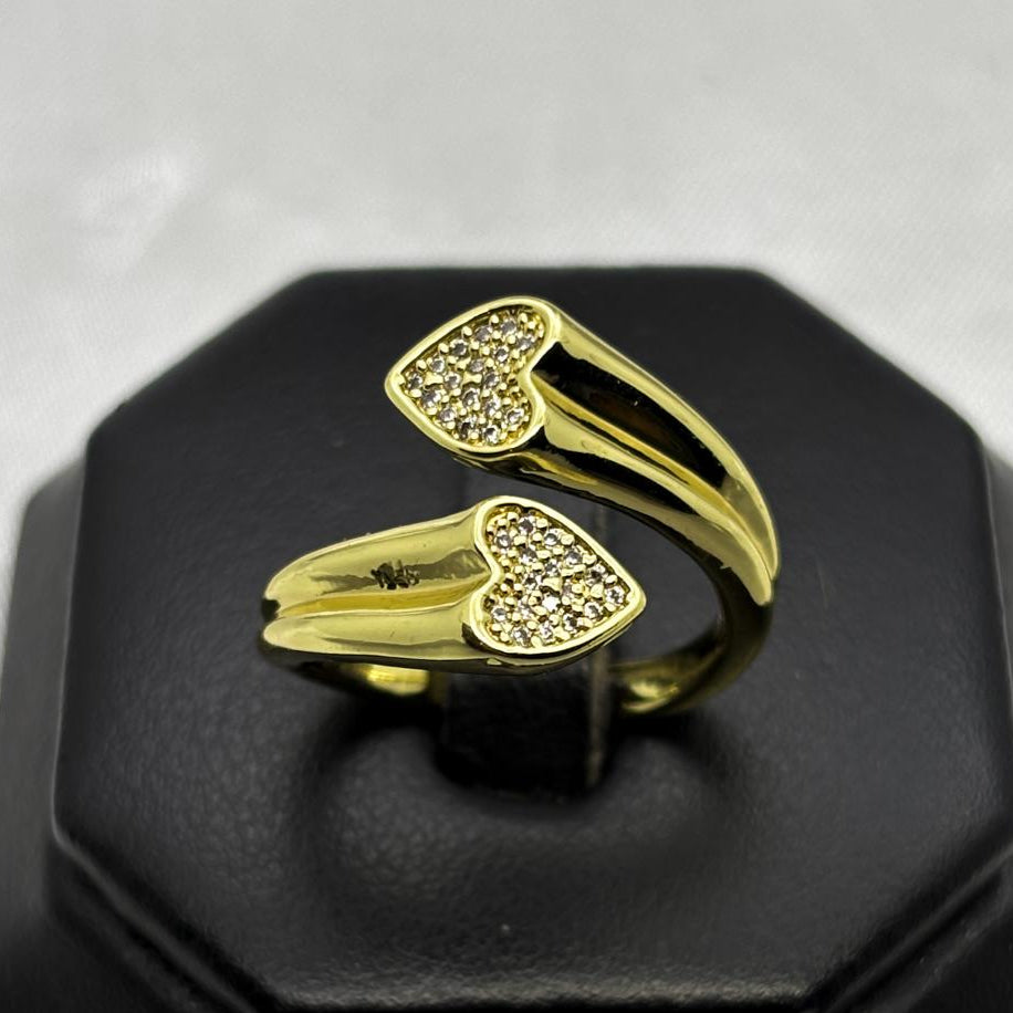 #AOL156 - Anillo Ajustable Doble Corazón Piedra Zirconia Oro Laminado 18K