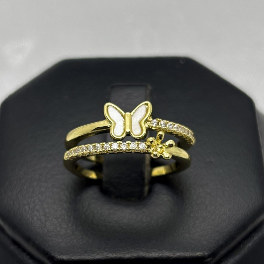 #AOL163 - Anillo Ajustable Flor Y Mariposa Piedra Zirconia Oro Laminado 18K