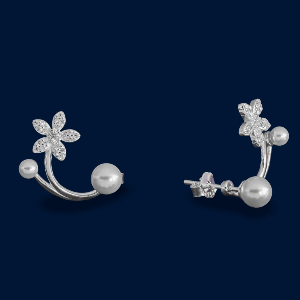 #AR171 - Arete/Cuff De Flor Con Perlas Y Zirconias Plata - MI2.0