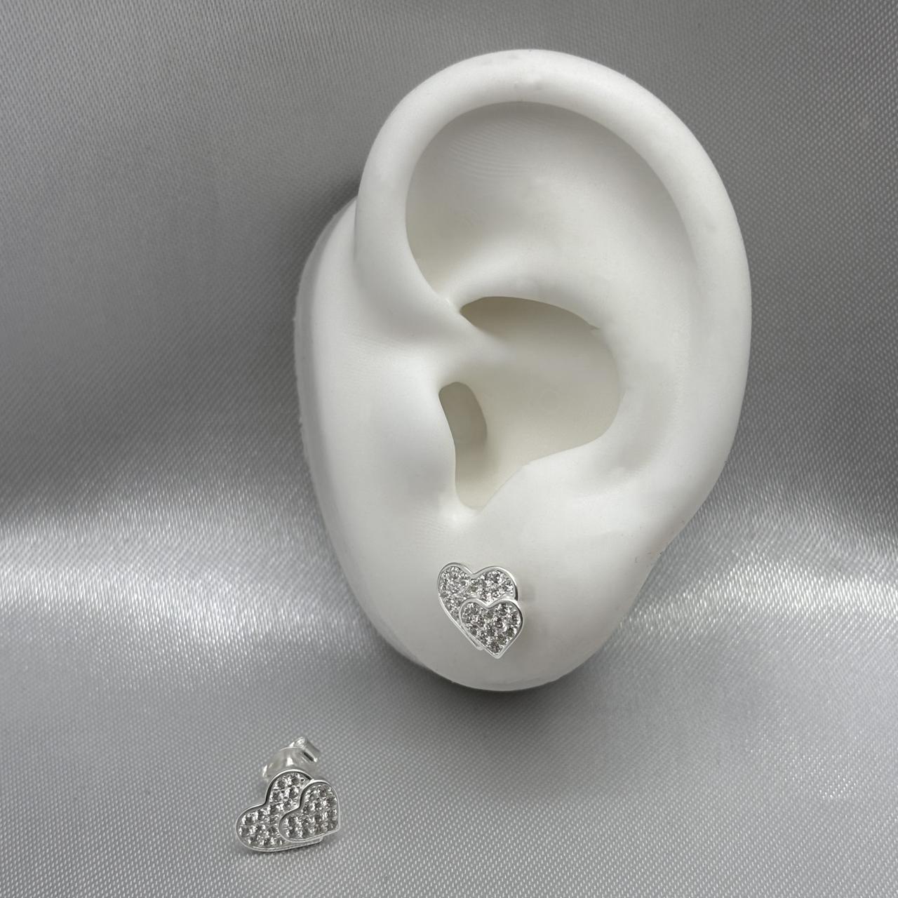 #BR110 - Broquel Doble Corazón Con Piedra Zirconia Plata - LL1.8
