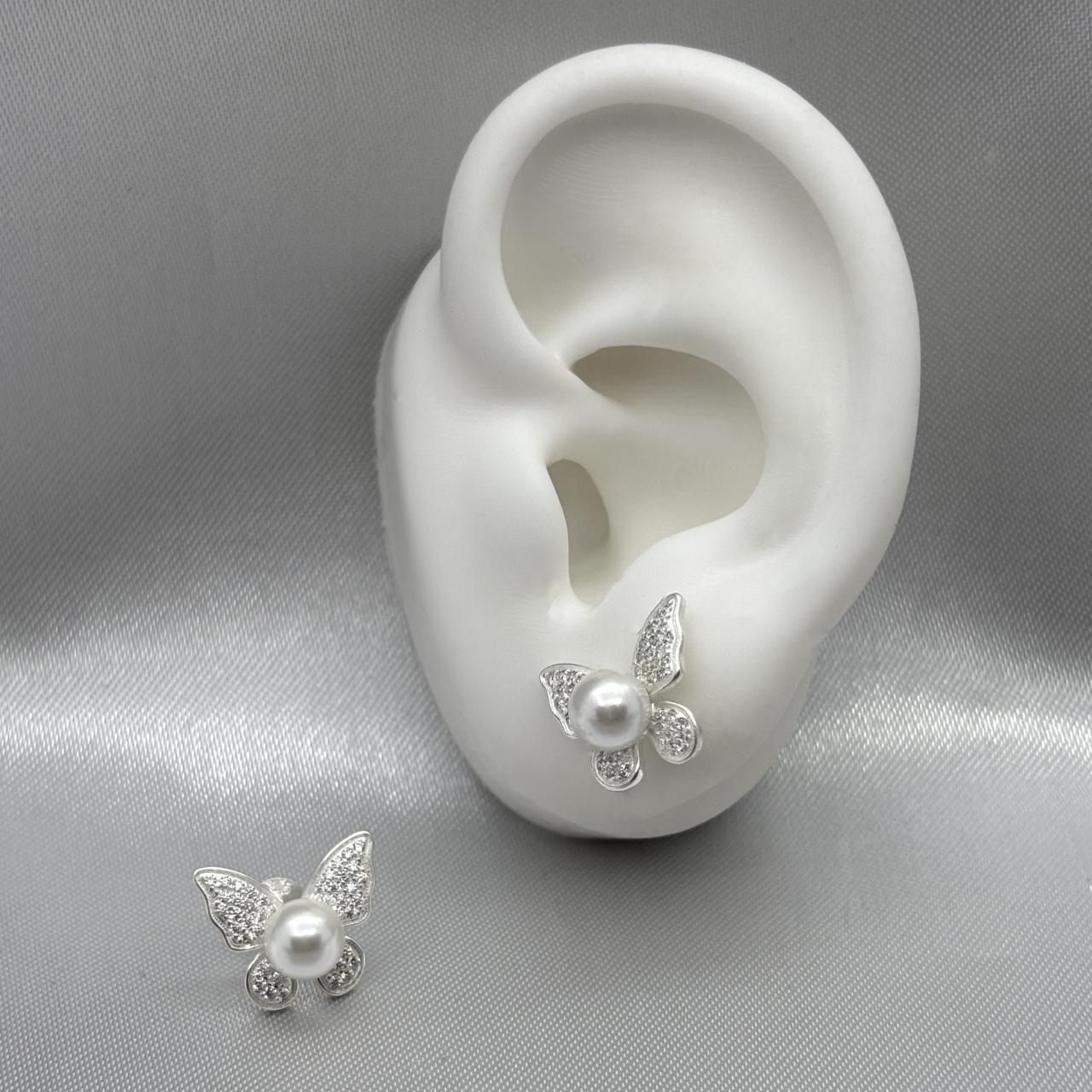 #BR178 - Broquel Mariposa Con Perla Piedra Zirconia Plata -LL2.9