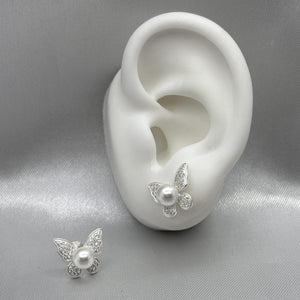 #BR178 - Broquel Mariposa Con Perla Piedra Zirconia Plata -LL2.9
