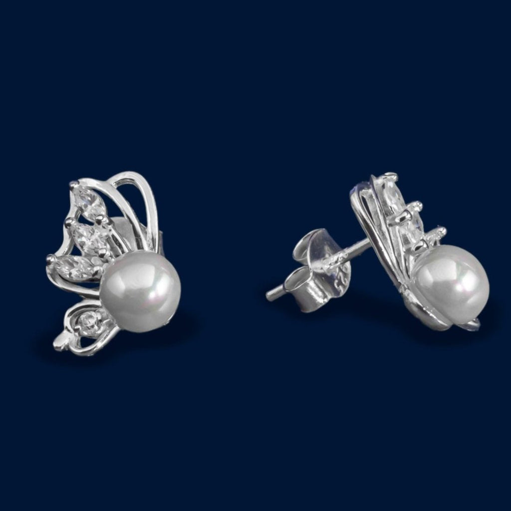 #BR228 - Broquel Mariposa Con Perla Y Piedra Zirconia De Plata - IP1.5