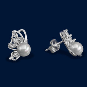 #BR228 - Broquel Mariposa Con Perla Y Piedra Zirconia De Plata - IP1.5