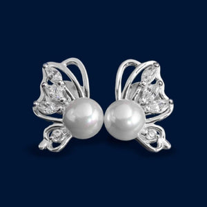 #BR228 - Broquel Mariposa Con Perla Y Piedra Zirconia De Plata - IP1.5