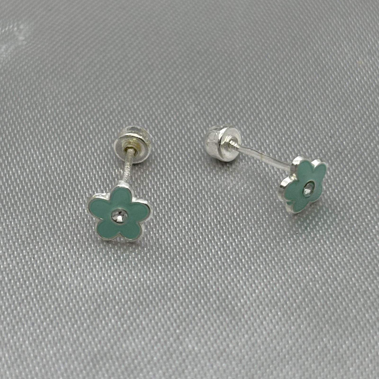 #BR312 - Broquel Flor Esmaltada Con Piedra Zirconia Plata - F34/