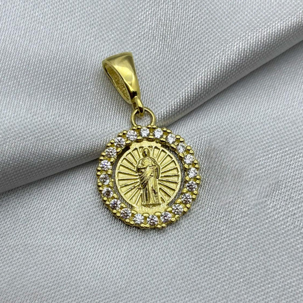 #D10234 - Dije/Medalla Circular San Judas Tadeo Piedra Zirconia Oro 10K - I04/2.3