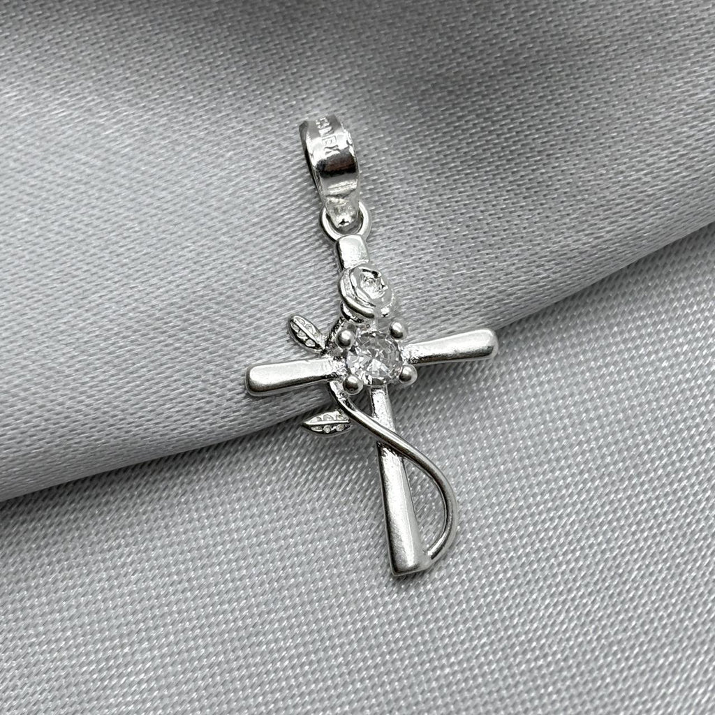 #D341 - Dije Cruz Con Rosa Y Piedra Zirconia Plata - F1.1