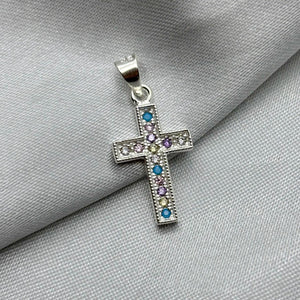 #D412 - Dije Cruz Con Piedra Zirconia Multicolor Plata - ZC2.1
