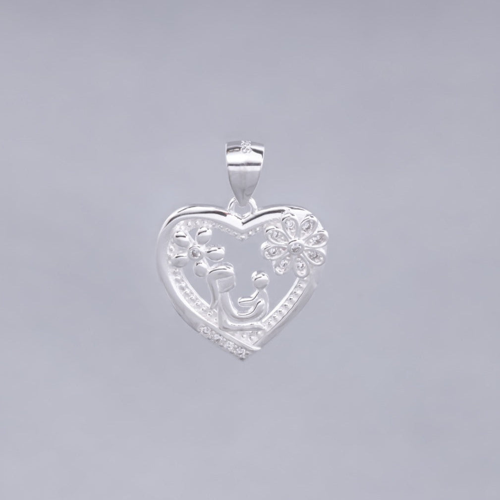 #D430 - Dije Corazón Mamá Y Hijo/a Flor Y Piedra Zirconia Baño Rodio Plata - IP2.3
