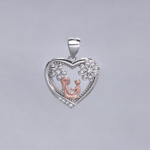 #D430 - Dije Corazón Mamá Y Hijo/a Flor Y Piedra Zirconia Baño Rodio Plata - IP2.3