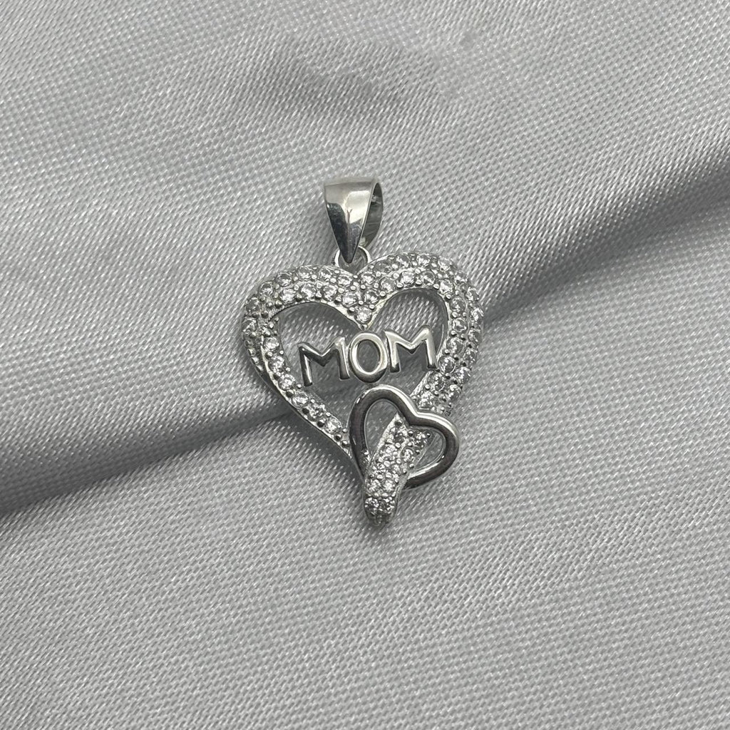 #D431 - Dije Doble Corazón Mamá Con Piedra Zirconia Baño Rodio Plata - IP2.6