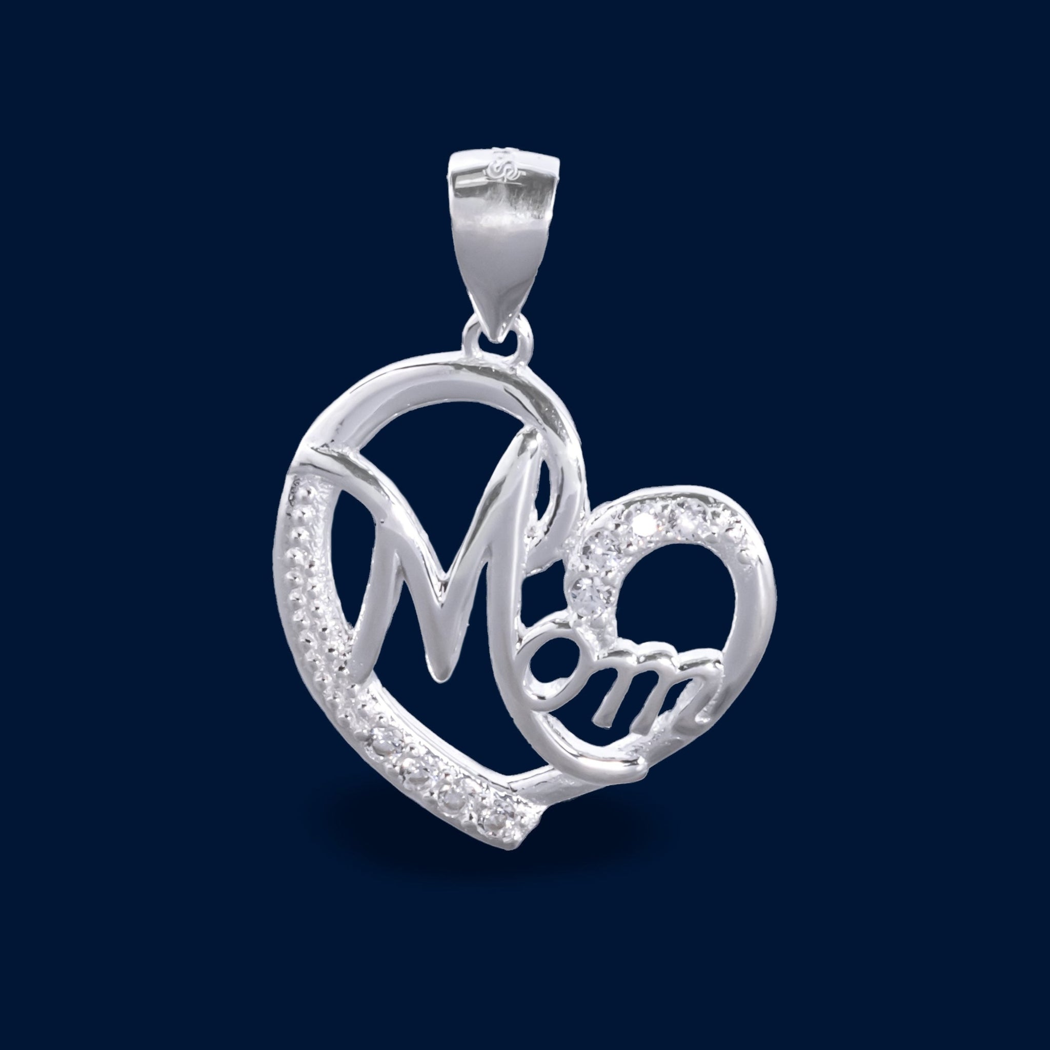 #D432 - Dije Corazón Con Piedra Zirconia Mamá Baño Rodio Plata - IP2.4