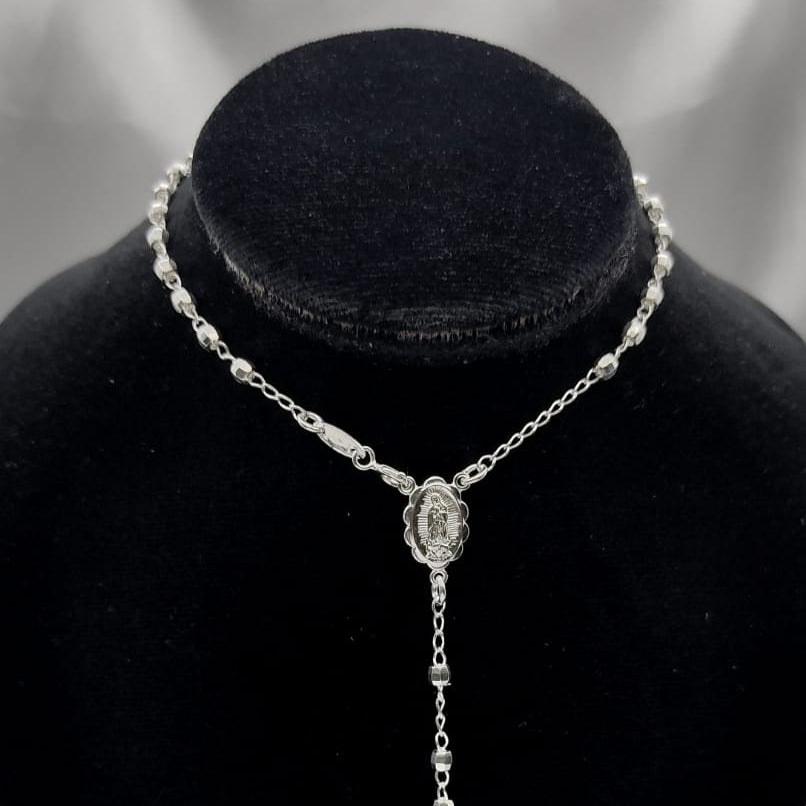 #MR108 - Rosario Virgen De Guadalupe Diamantada Plata - 3 mm - C08/7.8