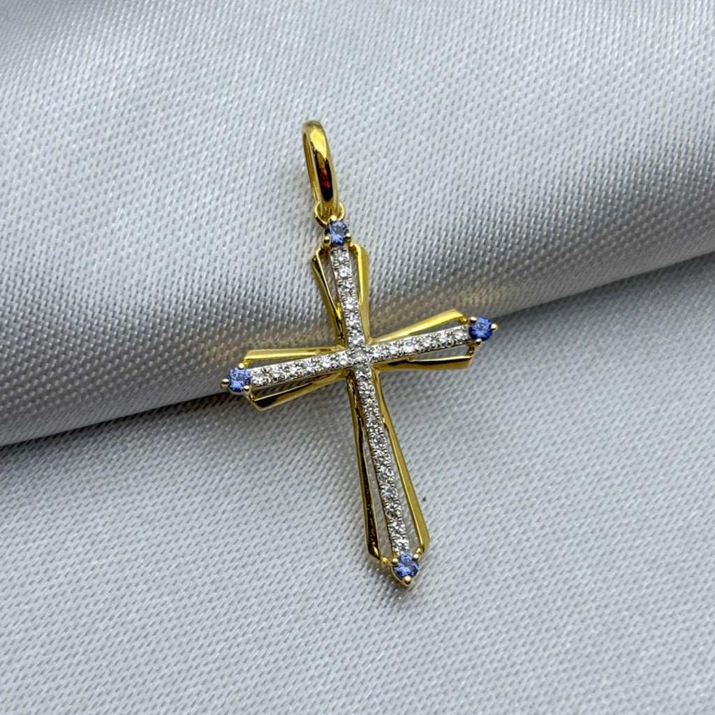 #DX14101 - Dije Cruz Con Diamante Natural Y Zafiros Oro 14K - SX340