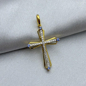 #DX14101 - Dije Cruz Con Diamante Natural Y Zafiros Oro 14K - SX340