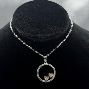 #G158 - Gargantilla Dije Circular Doble Corazón Y Piedra Zirconia Baño Rodio Plata - MI3.5