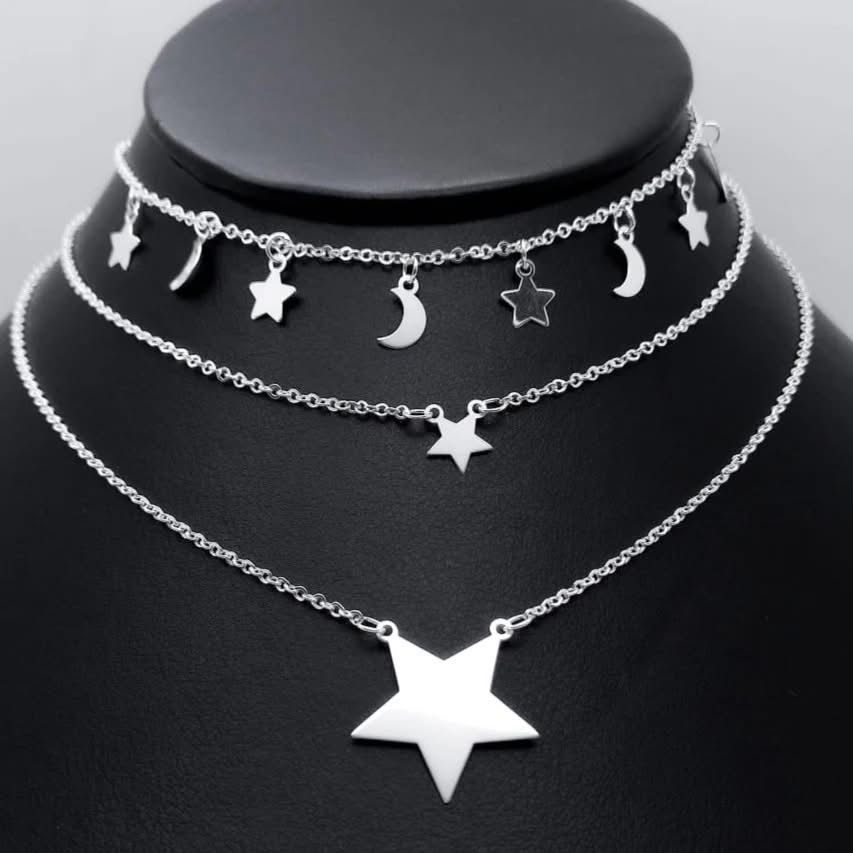 #G225 - Gargantilla Triple Estrellas Y Lunas Plata - LL7.1