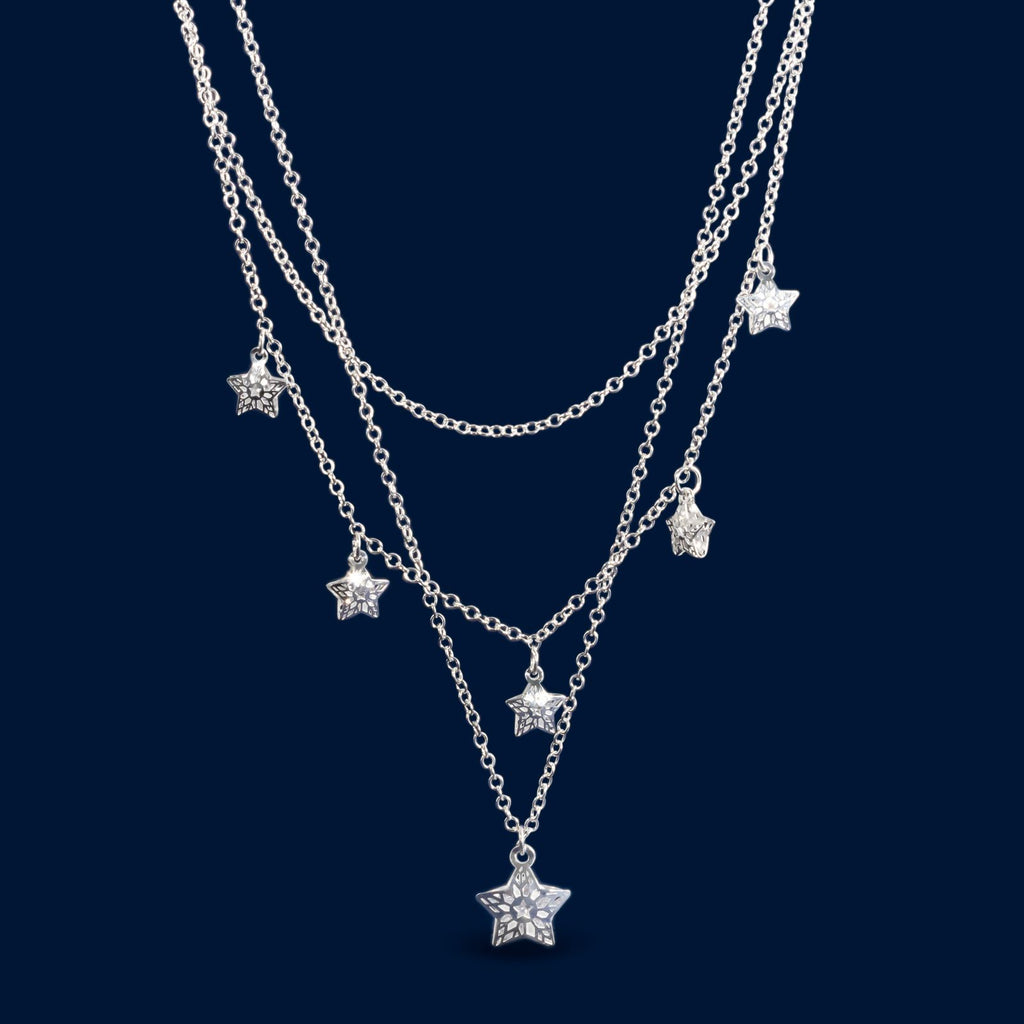 #G107 - Gargantilla Triple De Estrellas Con Piedra Zirconia Plata - LL10.2