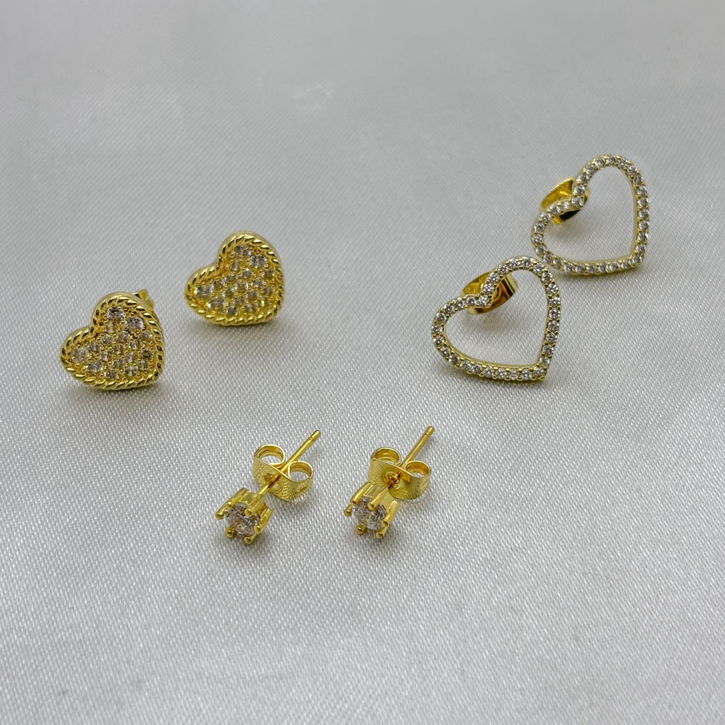 #JOL120 - Juego Broquel 3 Piezas Corazón Con Piedra Zirconia Oro Laminado 18K
