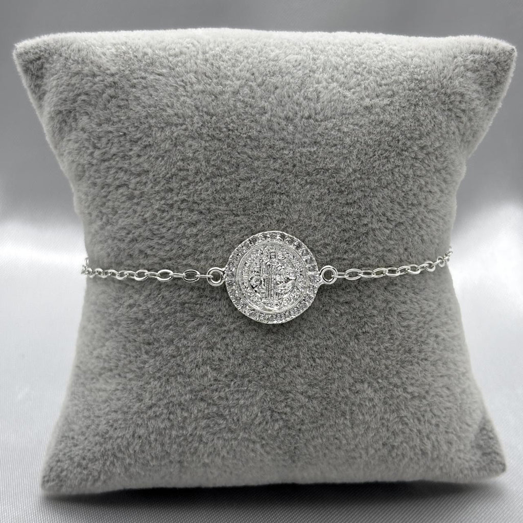 #PA204 - Pulsera Dije/Medalla San Benito De Plata Y Piedra Zirconia - ZC2.5