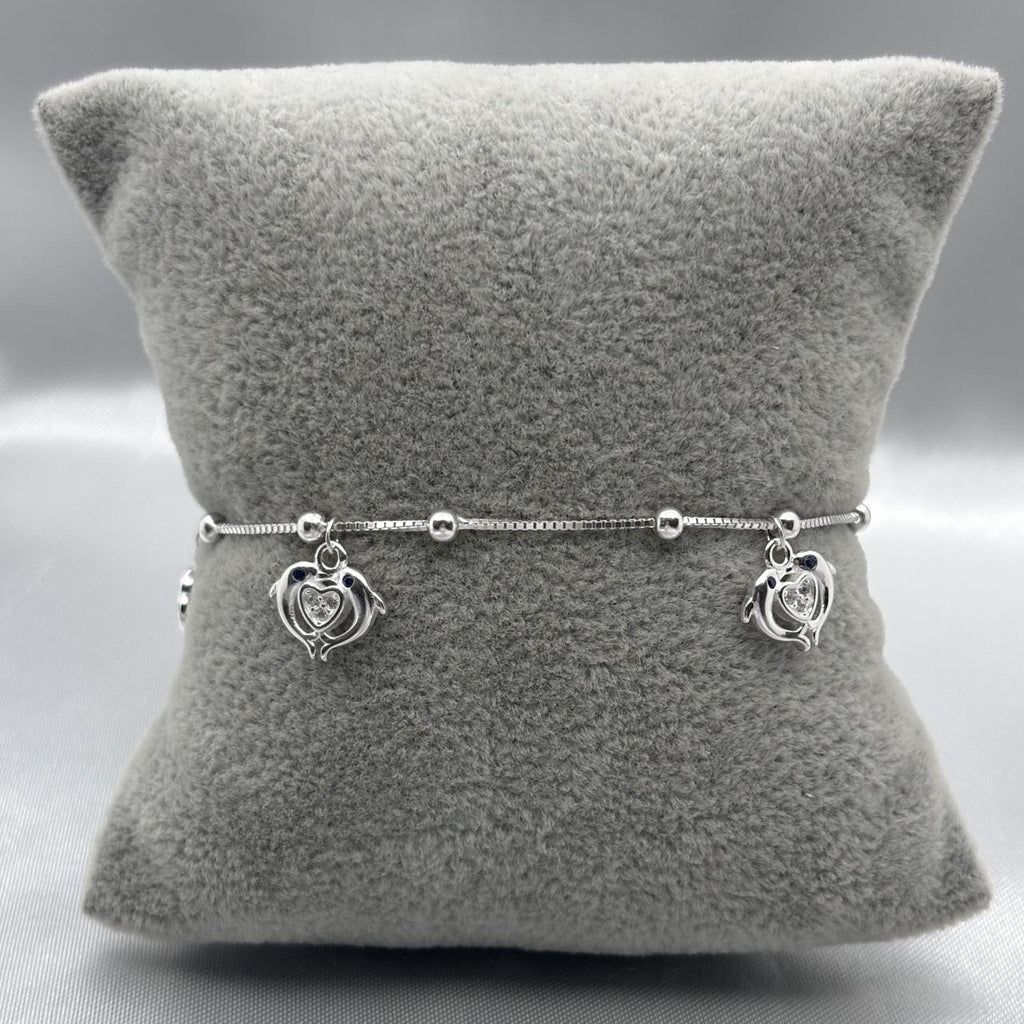 #PA297 - Pulsera Dije Delfines Corazón Con Piedra Zirconia Plata - IP4.6