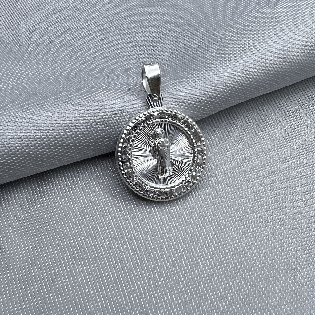 #D565 - Dije De San Judas Tadeo Circular Con Piedra Zirconia Plata - F1.3