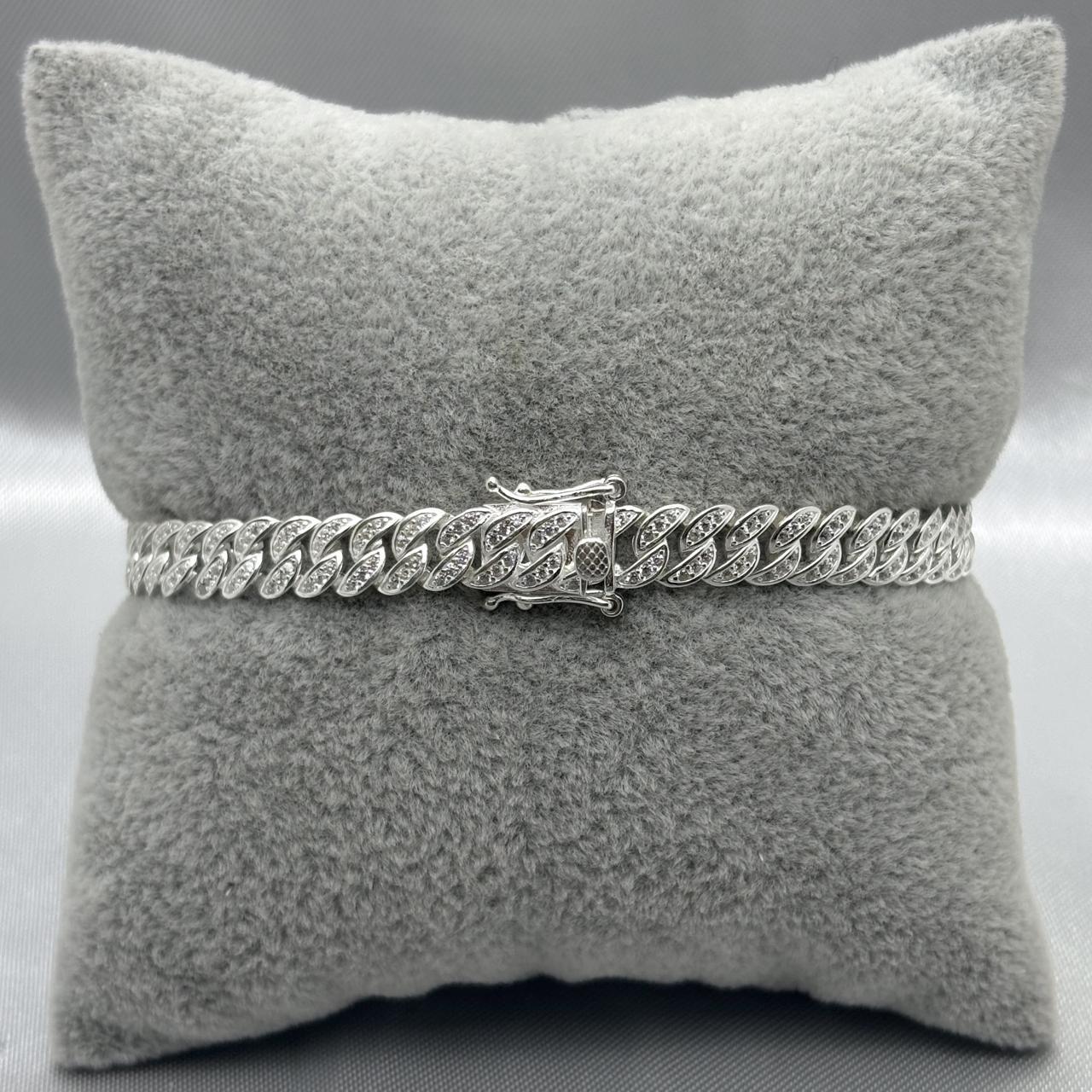 #PO205 - Pulso Cubano/Barbado Con Piedra Zirconia Plata - MI16.4