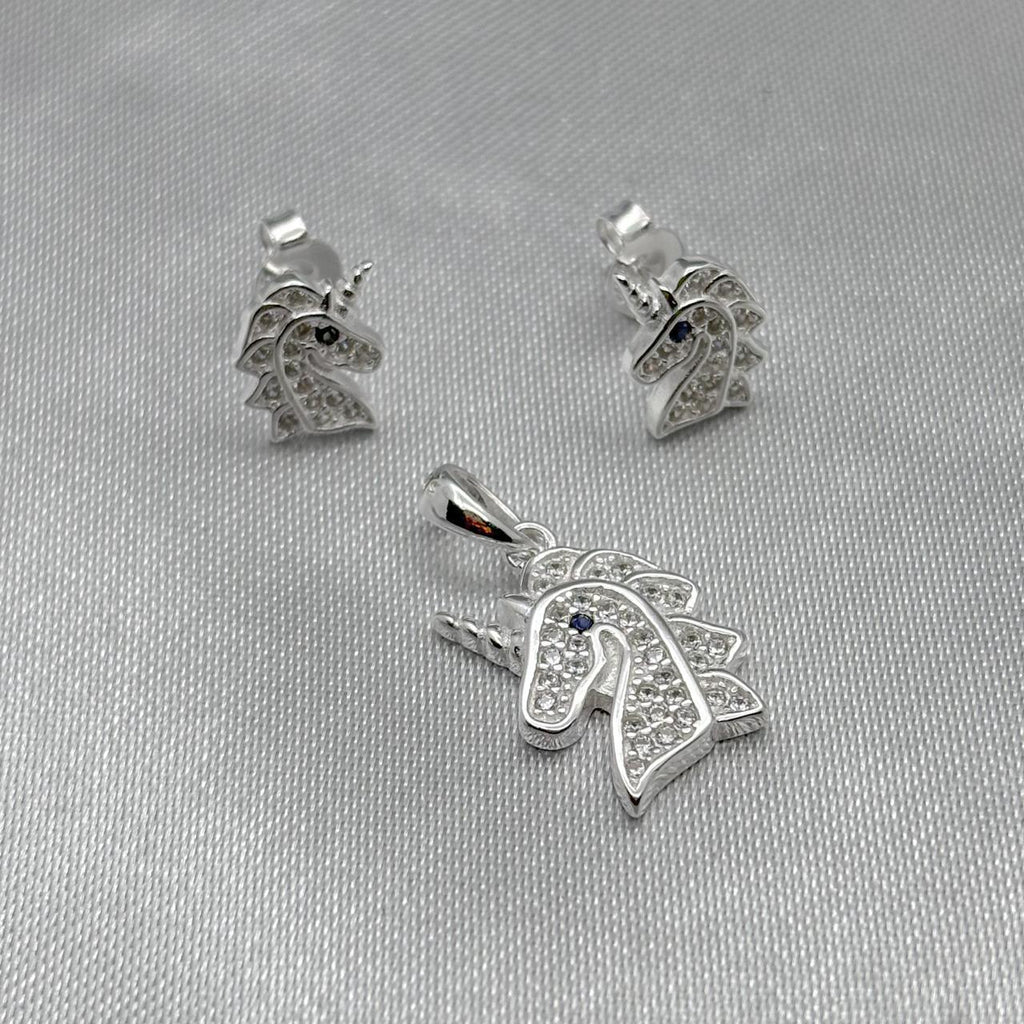 #J121 - Juego Unicornio Dije y Broquel con Zirconias Plata - IP3.3