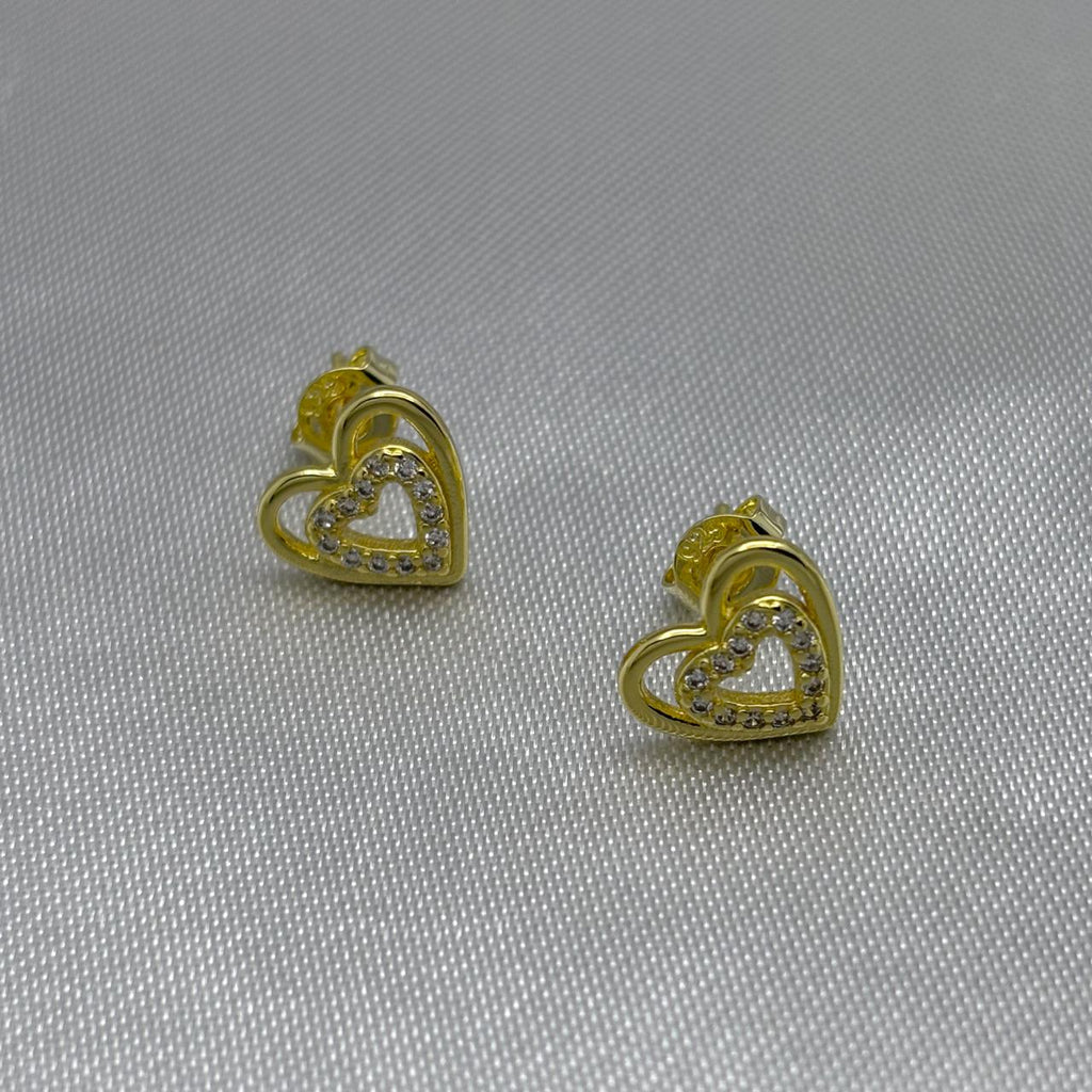 #BOL118 - Broquel Corazón Doble Con Zirconias Oro Laminado 18K