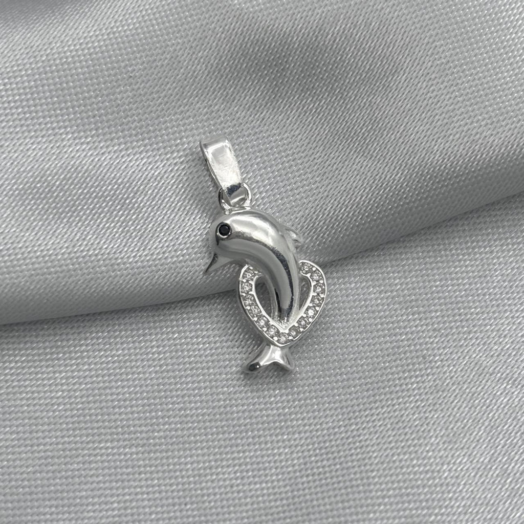 #D198 - Dije Delfín Corazón Con Zirconia Plata - LL1.4