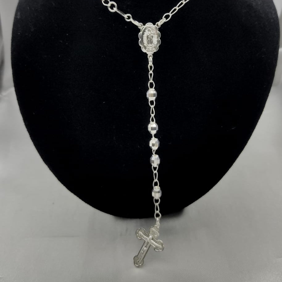 #MR138 - Rosario Virgen De Guadalupe Y Cristo Diamantada Plata - 5 mm - B07/19.3