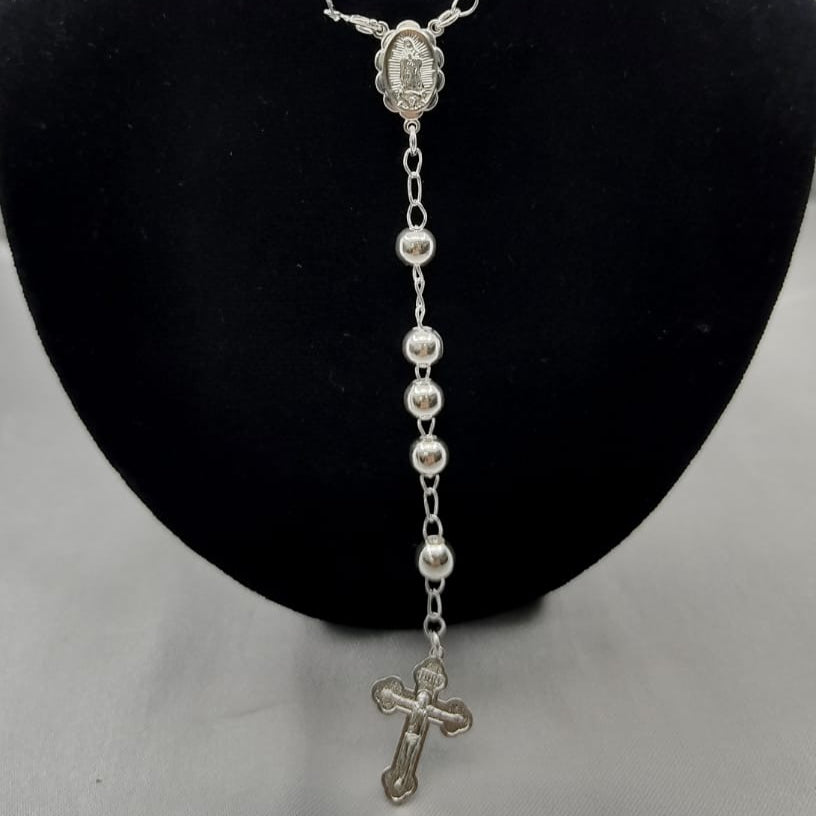 #MR139 - Rosario Virgen De Guadalupe Y Cruz Liso Plata - 6 mm - B05/27.0