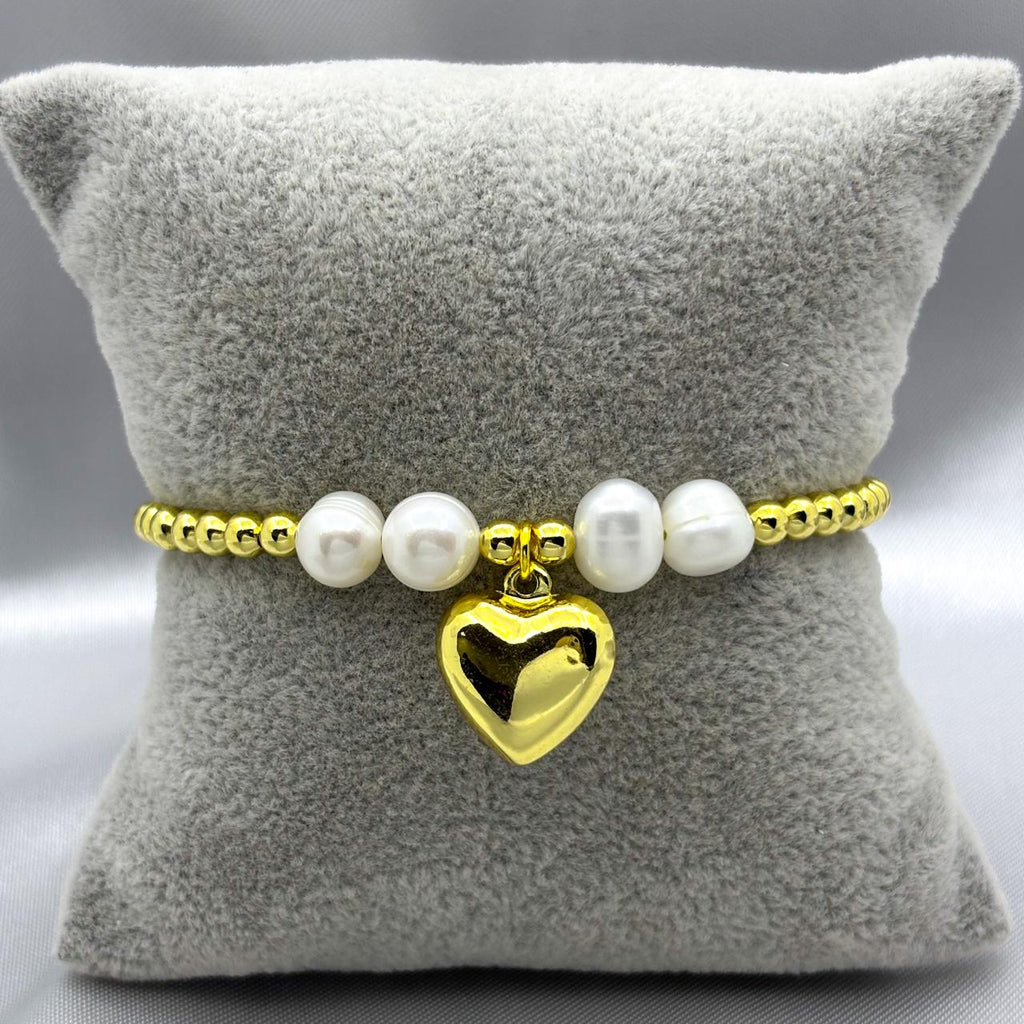 #PAL146 - Pulsera Ajustable Corazón Y Perlas Oro Laminado 18K