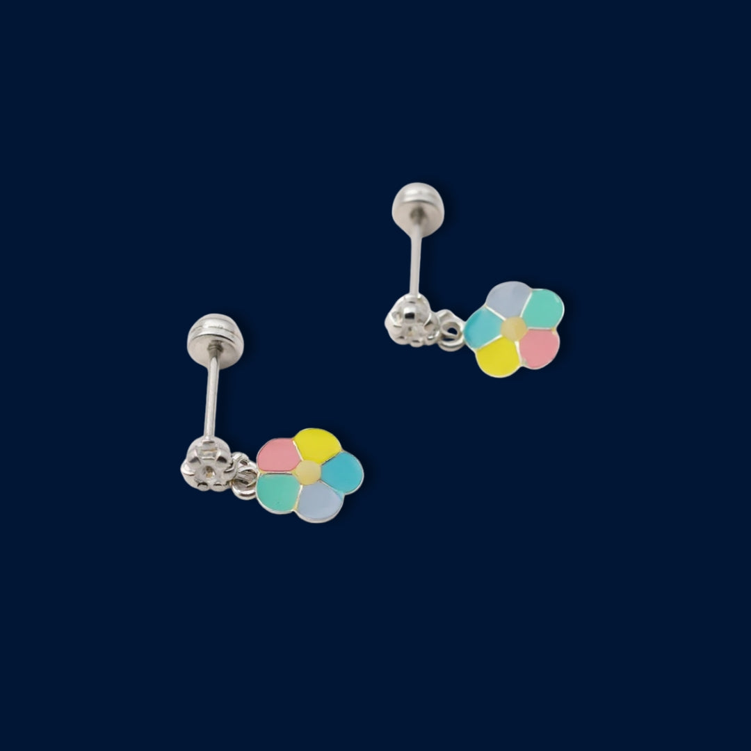#BR281 - Broquel Flor Esmaltada Con Zirconia Plata - F41
