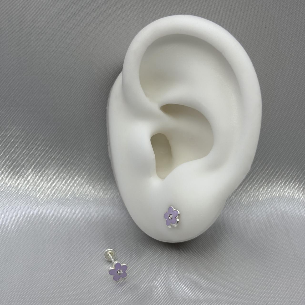 #BR312 - Broquel Flor Esmaltada Con Piedra Zirconia Plata - F34/
