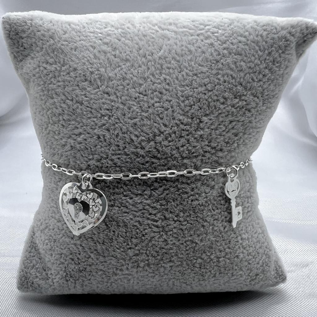 #PA253 - Pulsera De Corazón Y Llaves De Plata Con Piedra Zirconia - LL2.4